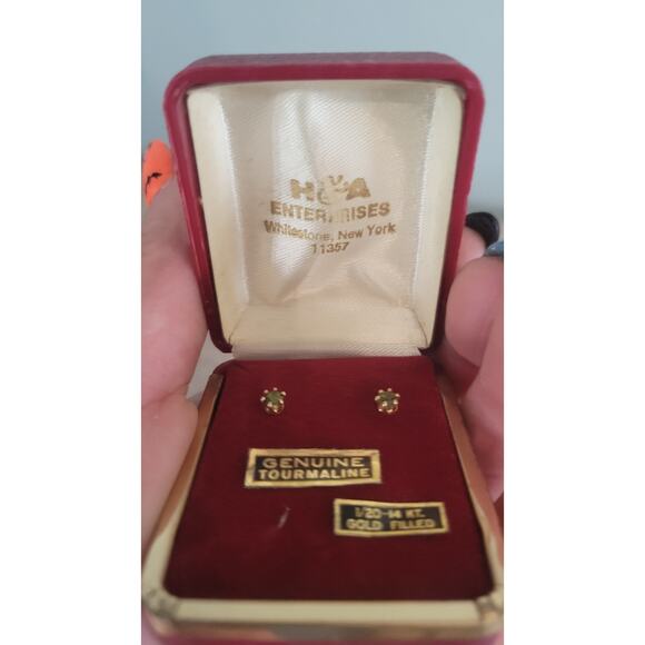 Vintage H&A 1/20 14K Gold Filled Genuine Tourmaline Earrings NOS w/ Box - Picture 3 of 3